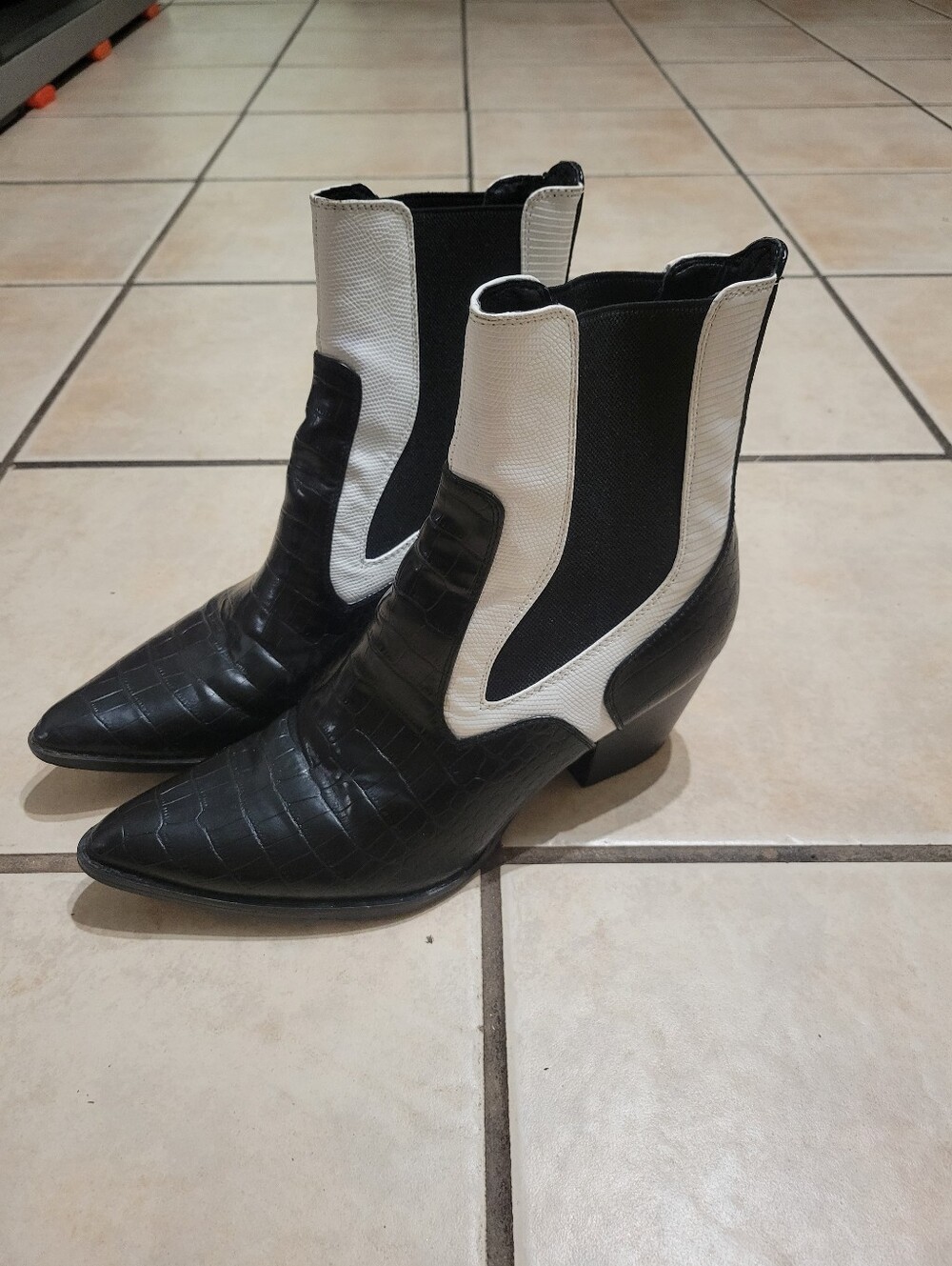 Coconuts by Matisse Black and White Croc-Texture Western Ankle Boots